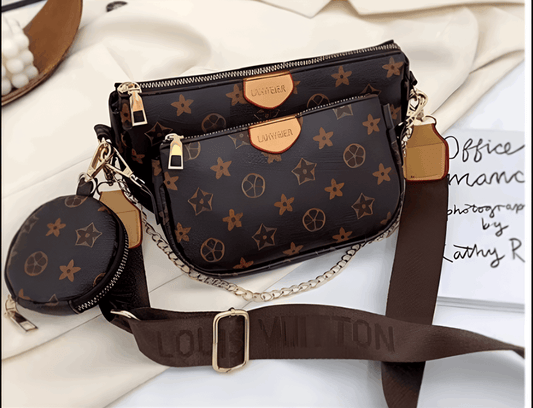 3 in 1 underarm bag leather ladies printed chains shoulder bag purse set - The Fashionista 