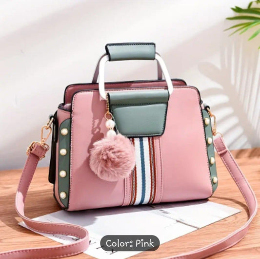 Color Contrast Crossbody Bag, Women's Faux Pearl Decor Handbag -1- The Fashionista 