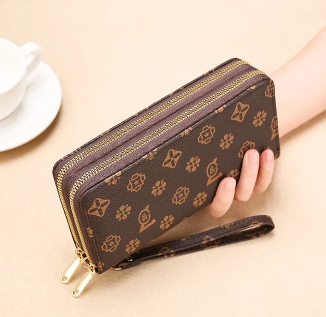 Luxury designer double zipper pocket wallet, large capacity for women