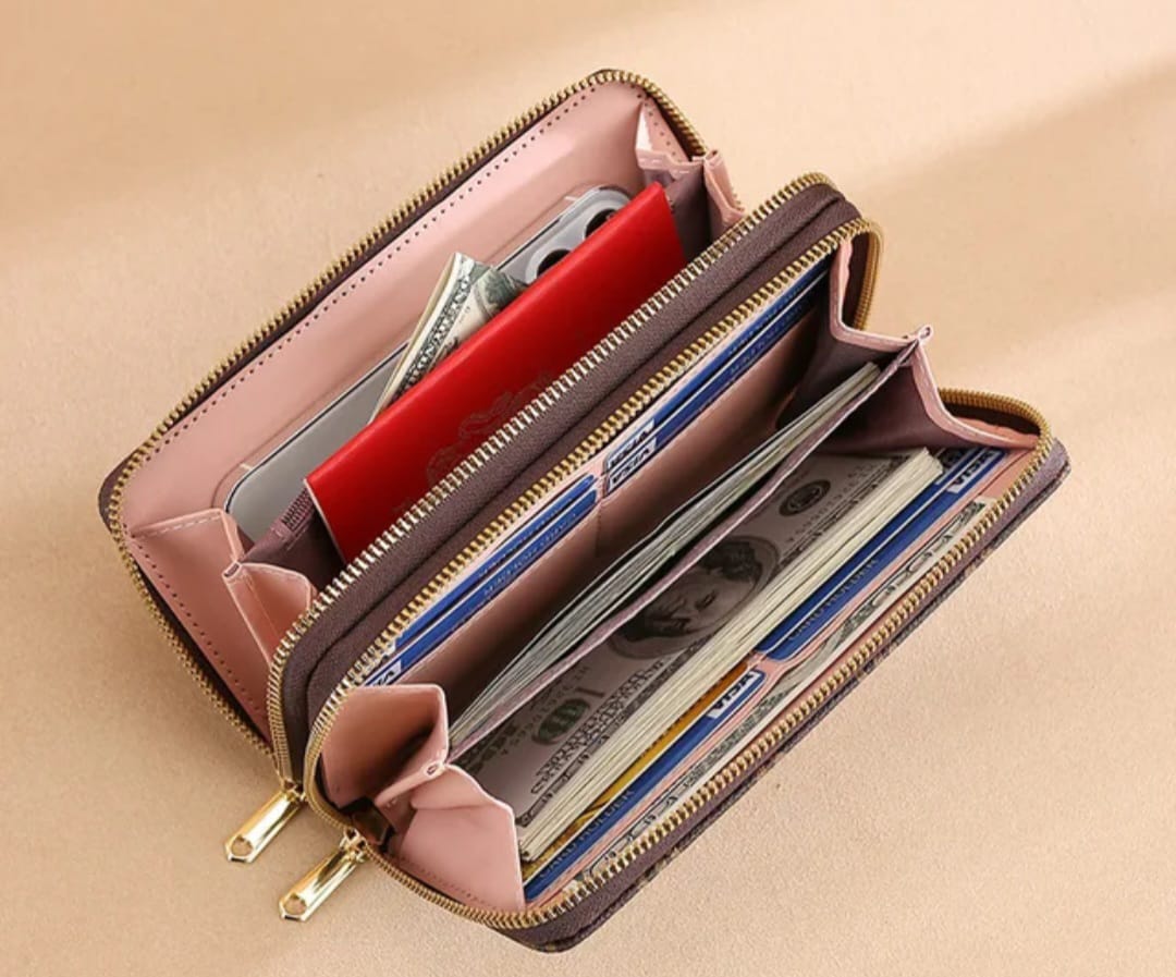 Luxury designer double zipper pocket wallet, large capacity for women