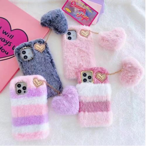 Luxury Love Heart Key Chain Fur Hair Plush Soft Phone Case