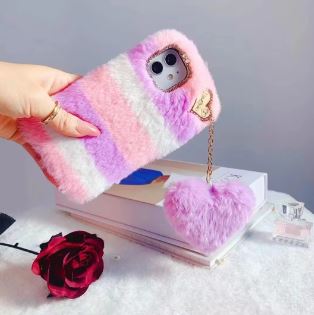 Luxury Love Heart Key Chain Fur Hair Plush Soft Phone Case